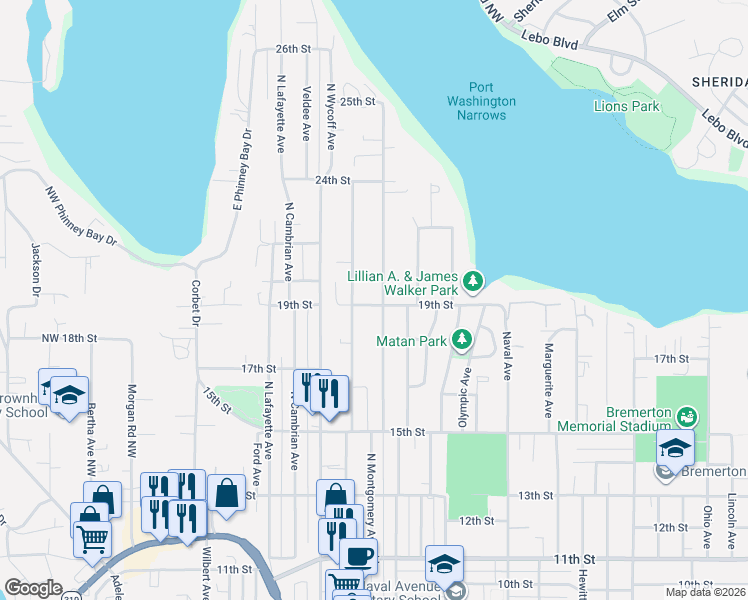 map of restaurants, bars, coffee shops, grocery stores, and more near 1901 Snyder Avenue in Bremerton