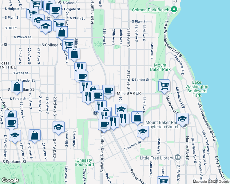 map of restaurants, bars, coffee shops, grocery stores, and more near 2900 South McClellan Street in Seattle