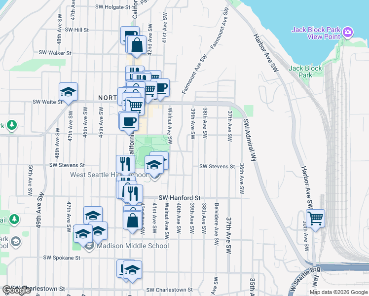 map of restaurants, bars, coffee shops, grocery stores, and more near 2720 Fairmount Avenue Southwest in Seattle