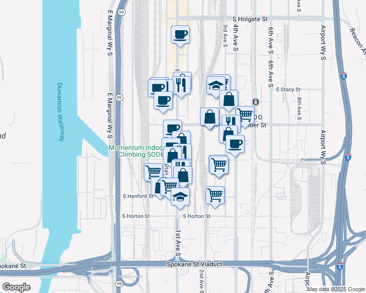 map of restaurants, bars, coffee shops, grocery stores, and more near 2740 1st Avenue South in Seattle