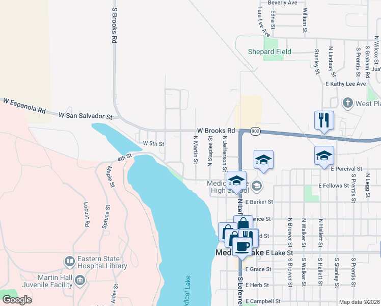 map of restaurants, bars, coffee shops, grocery stores, and more near 625 N Martin St in Medical Lake