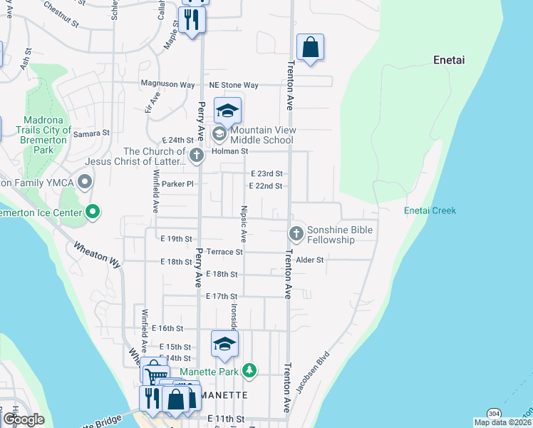 map of restaurants, bars, coffee shops, grocery stores, and more near 2630 Cascade Trail in Bremerton
