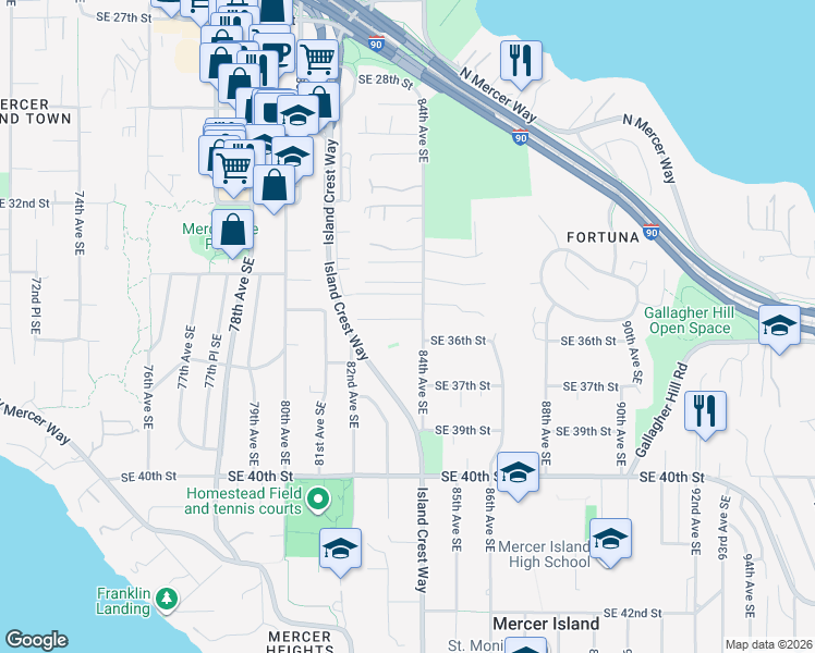 map of restaurants, bars, coffee shops, grocery stores, and more near 8253 Southeast 36th Street in Mercer Island