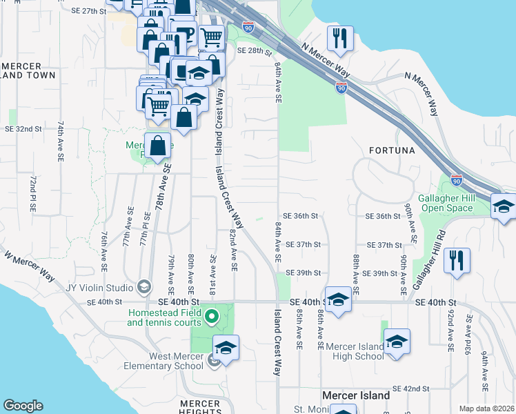 map of restaurants, bars, coffee shops, grocery stores, and more near 8253 Southeast 36th Street in Mercer Island