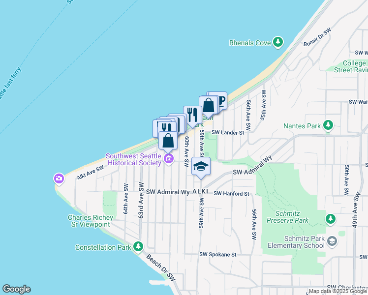 map of restaurants, bars, coffee shops, grocery stores, and more near 2731 60th Avenue Southwest in Seattle