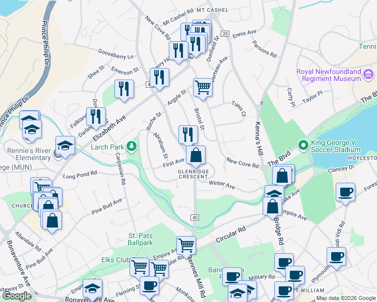 map of restaurants, bars, coffee shops, grocery stores, and more near 32 Portugal Cove Road in St. John's