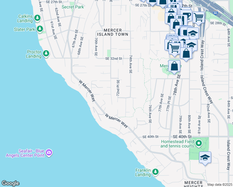 map of restaurants, bars, coffee shops, grocery stores, and more near 3449 72nd Place Southeast in Mercer Island
