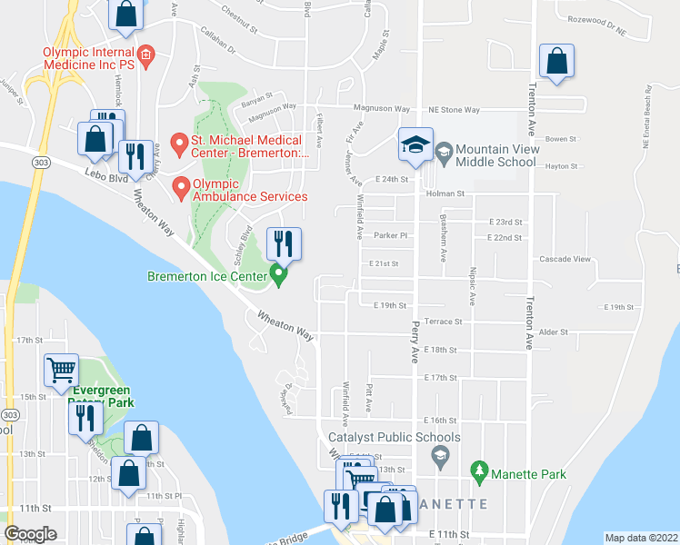 map of restaurants, bars, coffee shops, grocery stores, and more near 2136 Marlow Avenue in Bremerton