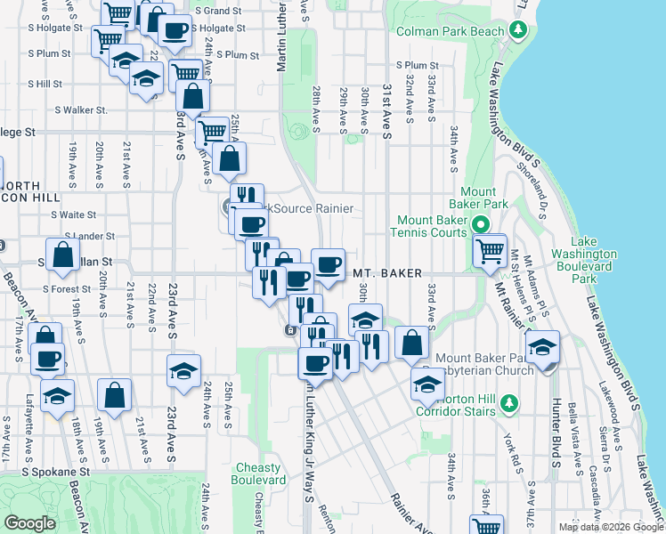 map of restaurants, bars, coffee shops, grocery stores, and more near 2900 South McClellan Street in Seattle