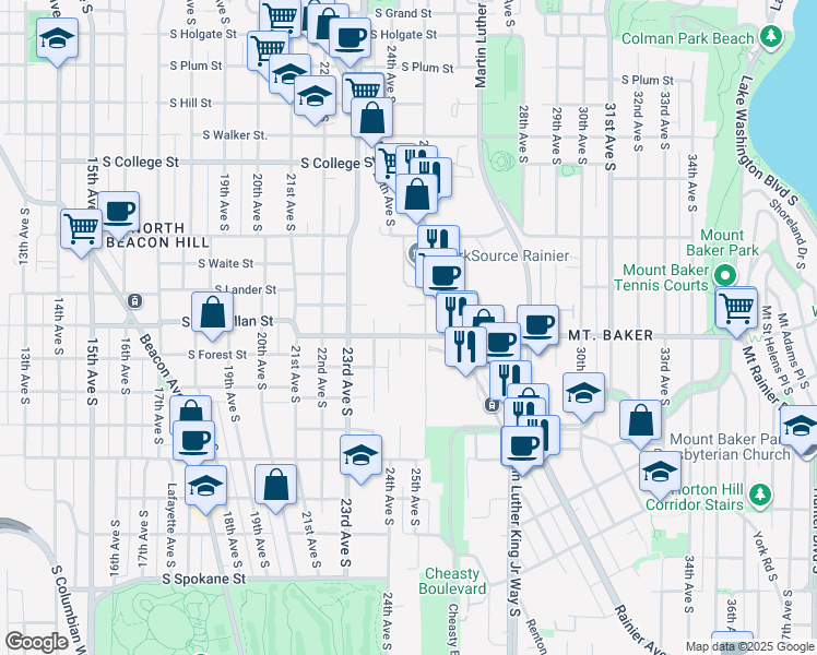 map of restaurants, bars, coffee shops, grocery stores, and more near 2404 South McClellan Street in Seattle