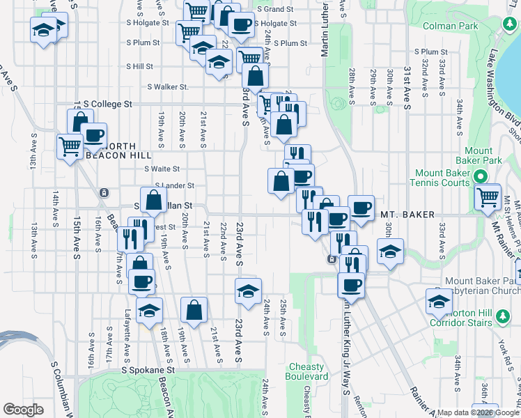 map of restaurants, bars, coffee shops, grocery stores, and more near 2314 South McClellan Street in Seattle