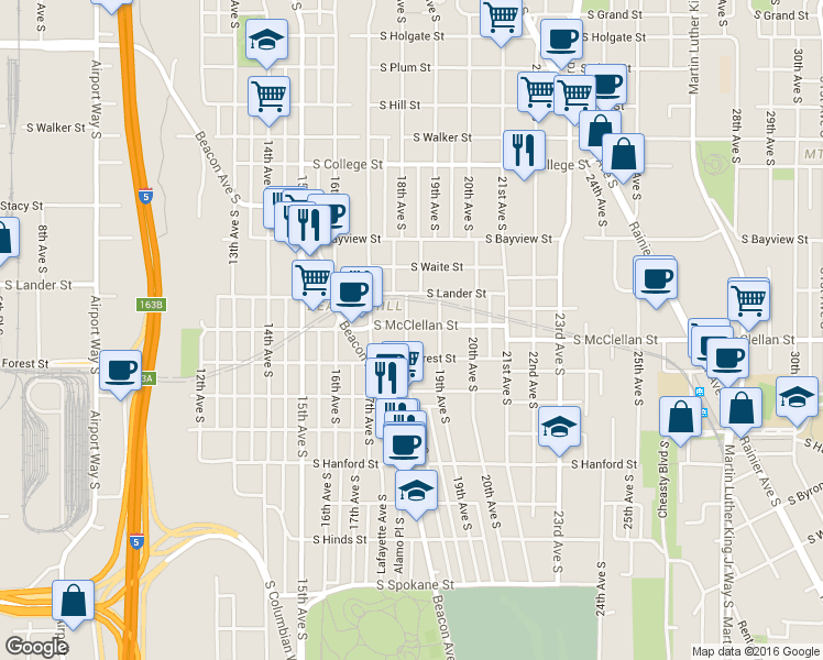 map of restaurants, bars, coffee shops, grocery stores, and more near 2807 19th Avenue South in Seattle