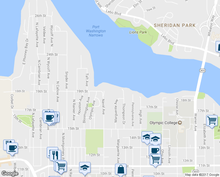 map of restaurants, bars, coffee shops, grocery stores, and more near 1900 Naval Avenue in Bremerton