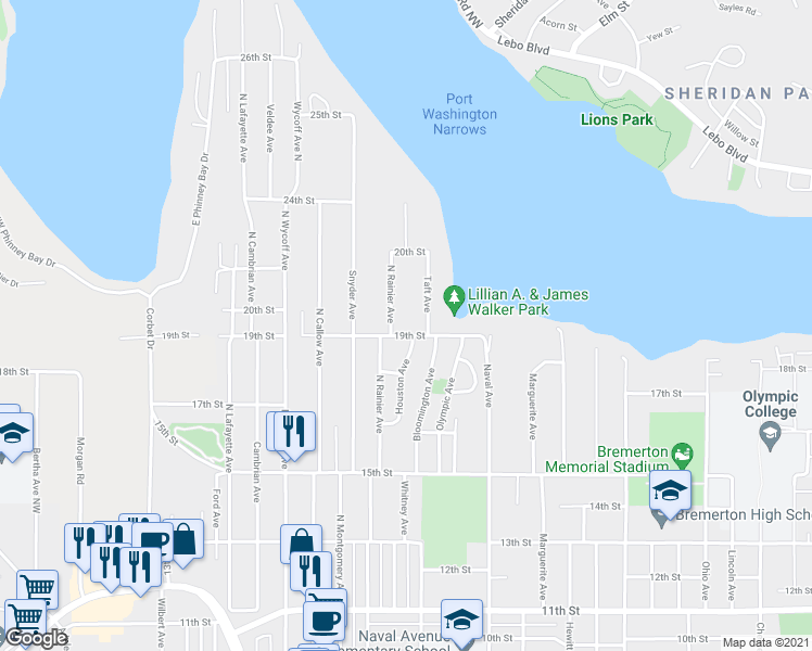 map of restaurants, bars, coffee shops, grocery stores, and more near 1905 Taft Avenue in Bremerton