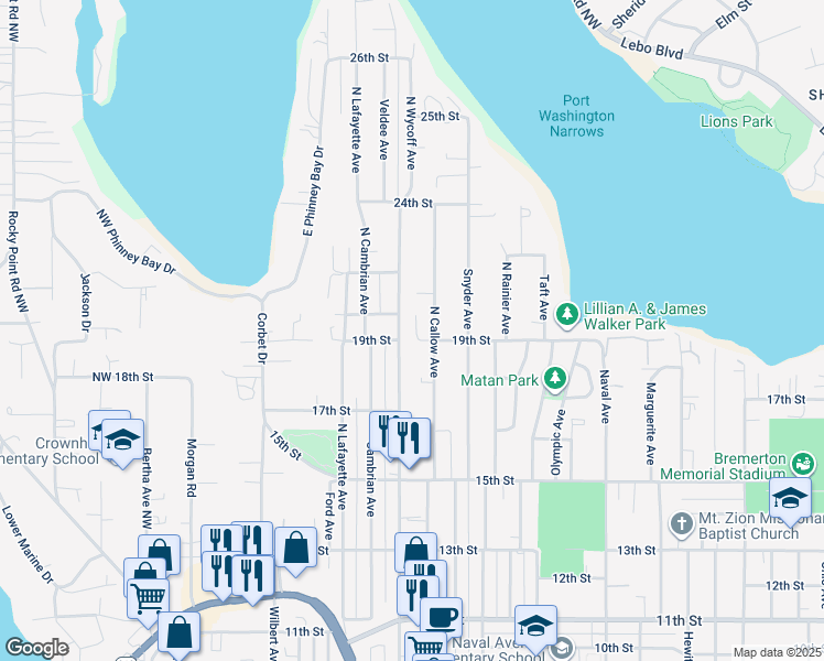 map of restaurants, bars, coffee shops, grocery stores, and more near 1907 North Callow Avenue in Bremerton