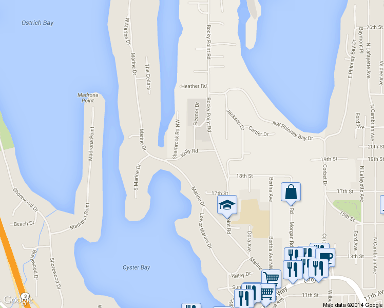 map of restaurants, bars, coffee shops, grocery stores, and more near 4313 Kelly Road in Bremerton