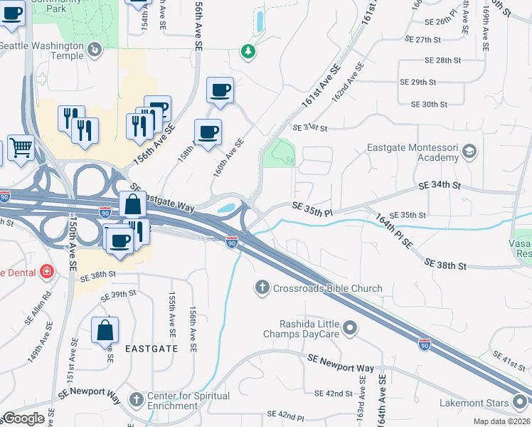 map of restaurants, bars, coffee shops, grocery stores, and more near 15907 Southeast 35th Place in Bellevue