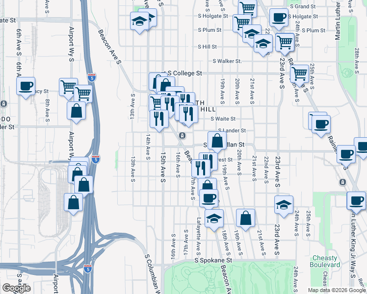 map of restaurants, bars, coffee shops, grocery stores, and more near Beacon Ave S & S McClellan St in Seattle