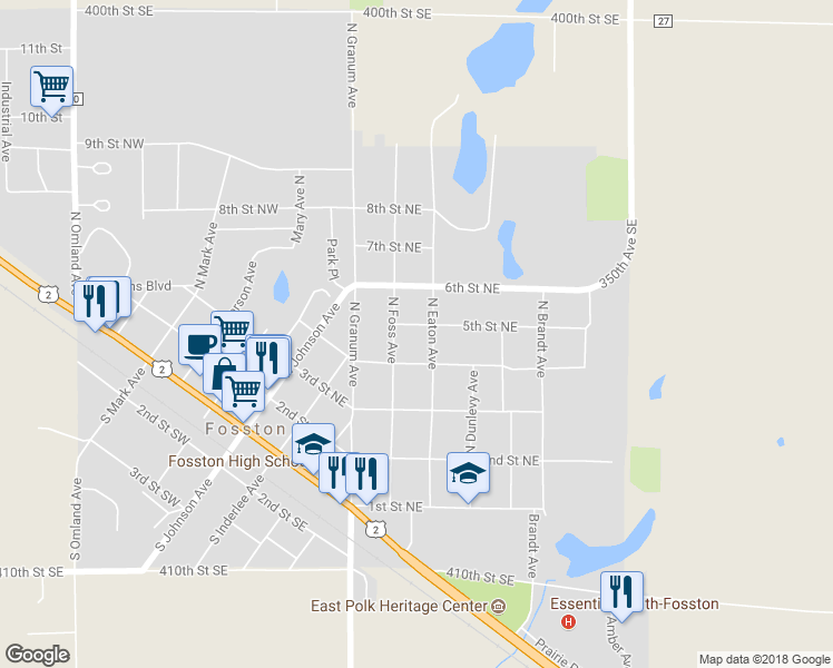 map of restaurants, bars, coffee shops, grocery stores, and more near 510 5th Street Northeast in Fosston