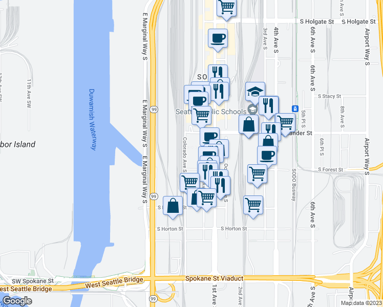 map of restaurants, bars, coffee shops, grocery stores, and more near 9 in Seattle