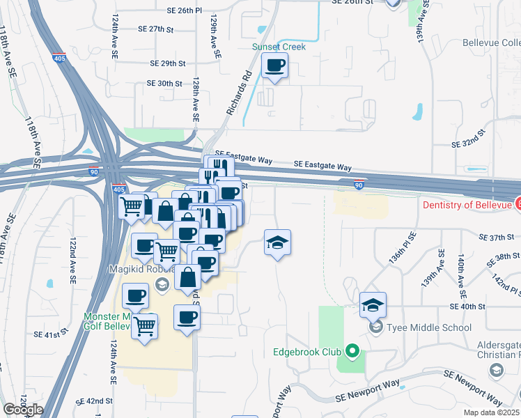 map of restaurants, bars, coffee shops, grocery stores, and more near 3625 132nd Avenue Southeast in Bellevue