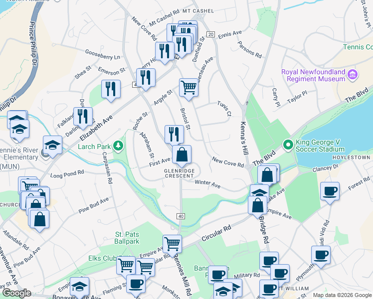 map of restaurants, bars, coffee shops, grocery stores, and more near 8 A Kerry Street in St. John's