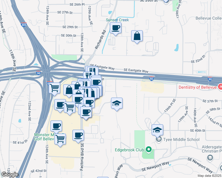 map of restaurants, bars, coffee shops, grocery stores, and more near 3625 132nd Avenue Southeast in Bellevue