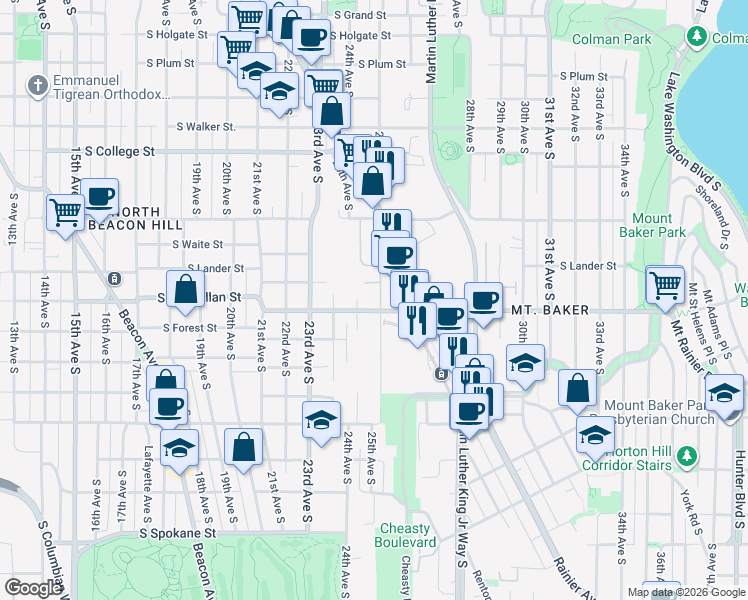 map of restaurants, bars, coffee shops, grocery stores, and more near 2715 25th Avenue South in Seattle