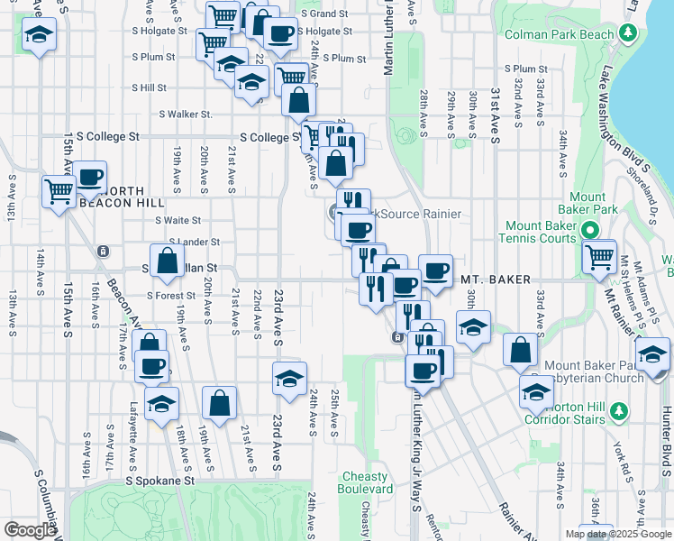 map of restaurants, bars, coffee shops, grocery stores, and more near 2404 South McClellan Street in Seattle