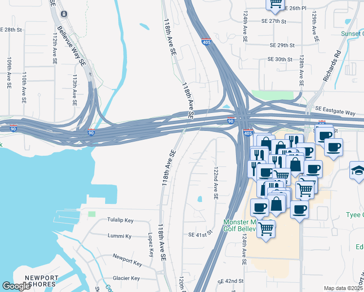 map of restaurants, bars, coffee shops, grocery stores, and more near 3529 120th Avenue Southeast in Bellevue