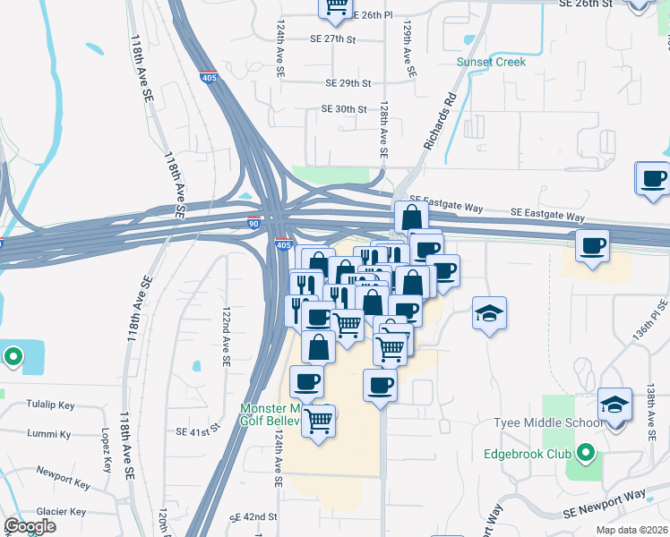 map of restaurants, bars, coffee shops, grocery stores, and more near 3535 Factoria Boulevard Southeast in Bellevue