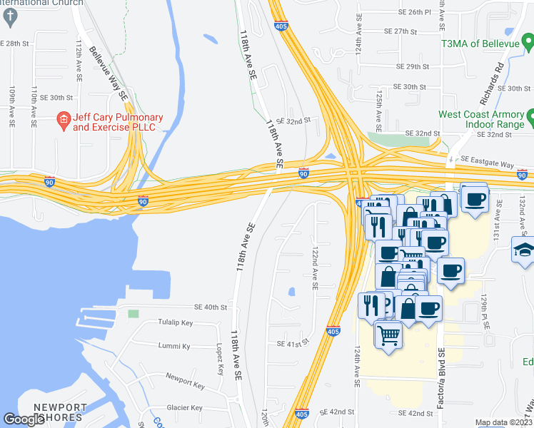 map of restaurants, bars, coffee shops, grocery stores, and more near 3529 120th Avenue Southeast in Bellevue