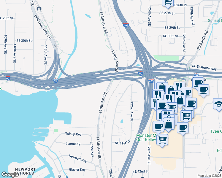 map of restaurants, bars, coffee shops, grocery stores, and more near 3529 120th Avenue Southeast in Bellevue