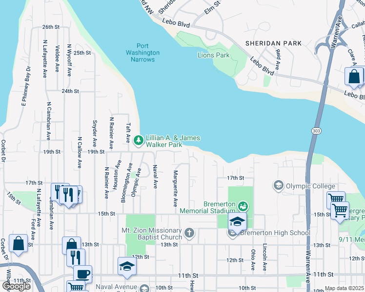 map of restaurants, bars, coffee shops, grocery stores, and more near 1900 Naval Avenue in Bremerton