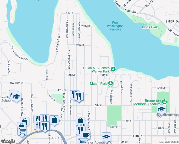 map of restaurants, bars, coffee shops, grocery stores, and more near 1901 Snyder Avenue in Bremerton