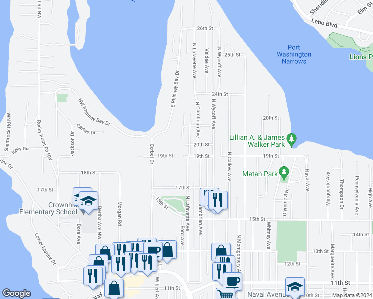 map of restaurants, bars, coffee shops, grocery stores, and more near 1909 North Lafayette Avenue in Bremerton