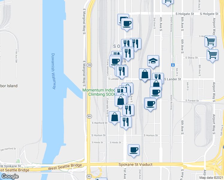 map of restaurants, bars, coffee shops, grocery stores, and more near 8 in Seattle