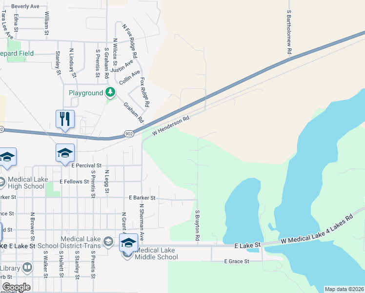map of restaurants, bars, coffee shops, grocery stores, and more near 8221 S Brayton Rd in Medical Lake