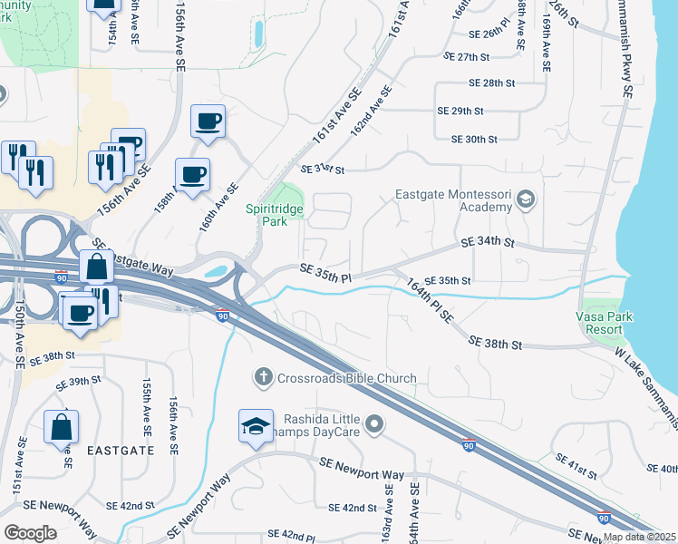map of restaurants, bars, coffee shops, grocery stores, and more near 3438 161st Place Southeast in Bellevue