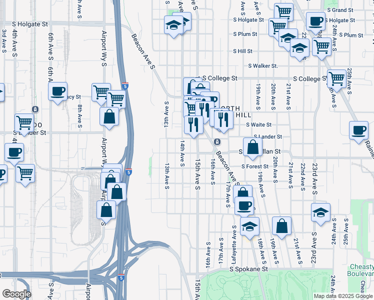 map of restaurants, bars, coffee shops, grocery stores, and more near 2802 14th Avenue South in Seattle