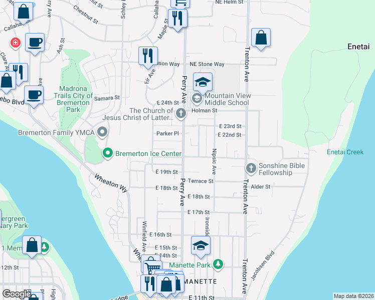 map of restaurants, bars, coffee shops, grocery stores, and more near 2314 Cascade Trail in Bremerton