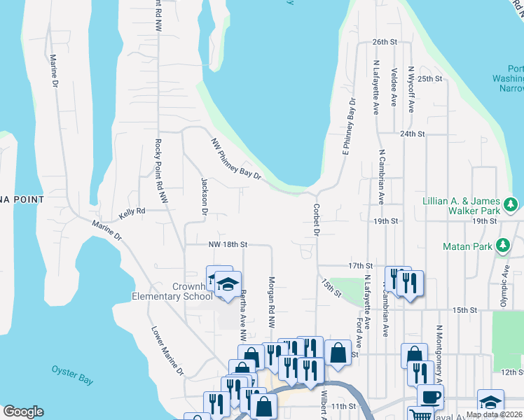map of restaurants, bars, coffee shops, grocery stores, and more near 3421 Northwest Phinney Bay Drive in Bremerton