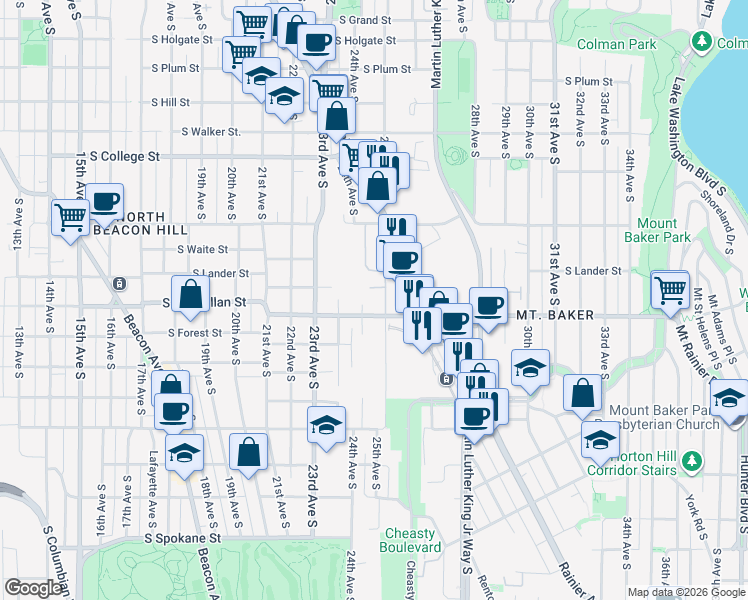 map of restaurants, bars, coffee shops, grocery stores, and more near 2715 25th Avenue South in Seattle