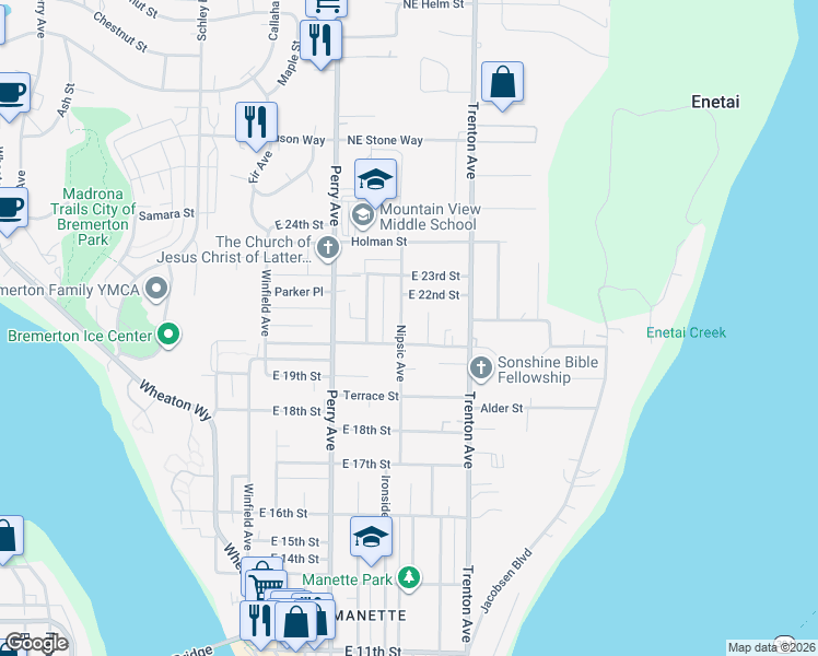 map of restaurants, bars, coffee shops, grocery stores, and more near 2630 Cascade Trail in Bremerton