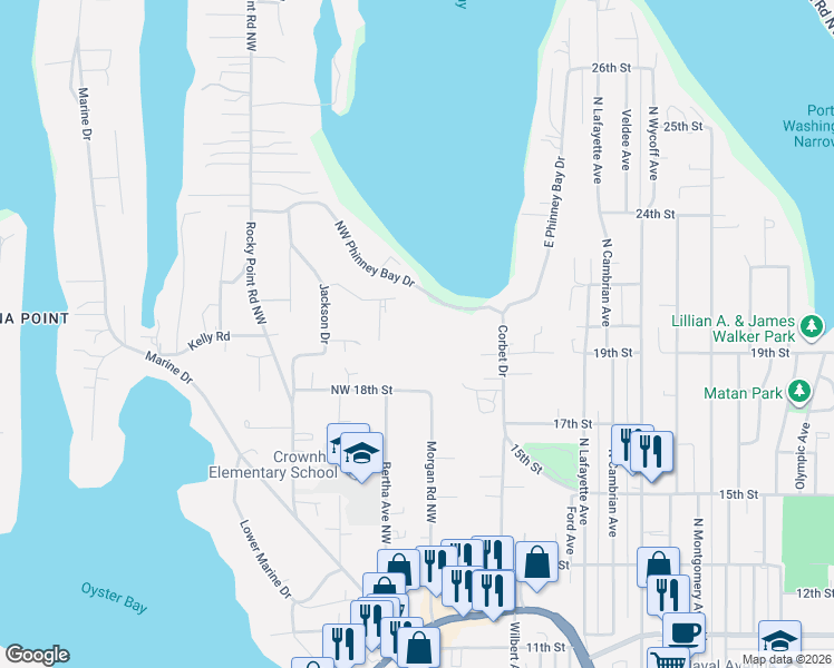 map of restaurants, bars, coffee shops, grocery stores, and more near 3421 Northwest Phinney Bay Drive in Bremerton