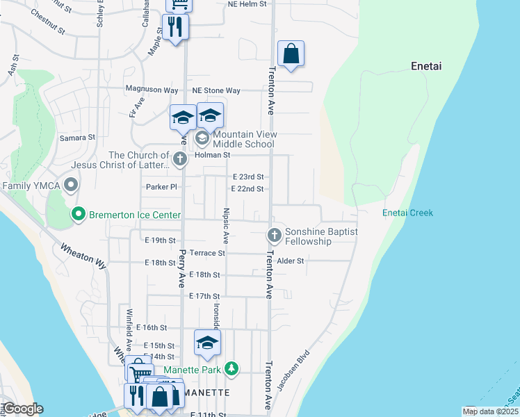 map of restaurants, bars, coffee shops, grocery stores, and more near in Bremerton