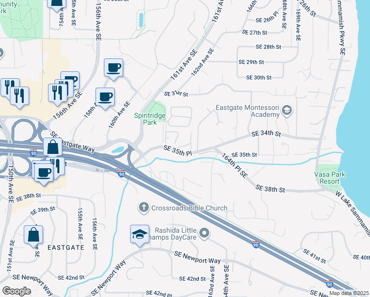 map of restaurants, bars, coffee shops, grocery stores, and more near 3438 161st Place Southeast in Bellevue