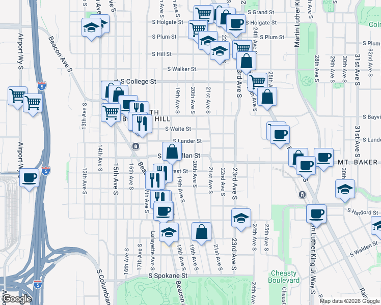 map of restaurants, bars, coffee shops, grocery stores, and more near 2807 20th Avenue South in Seattle