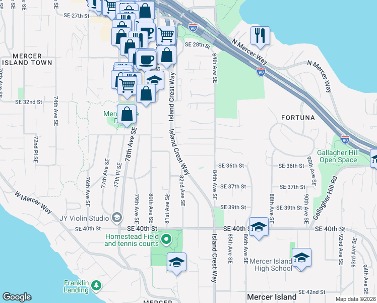 map of restaurants, bars, coffee shops, grocery stores, and more near 8210 Southeast 36th Street in Mercer Island