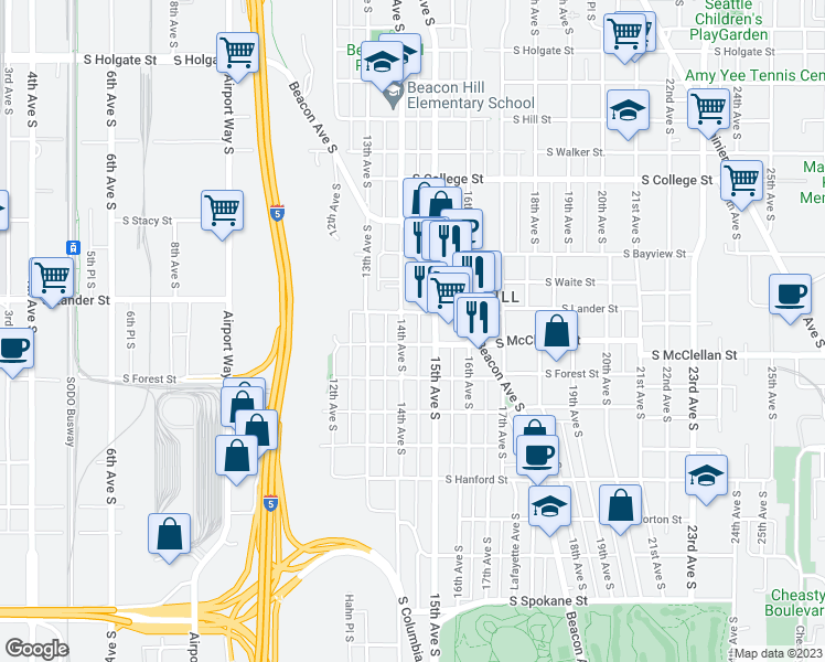 map of restaurants, bars, coffee shops, grocery stores, and more near 2802 14th Avenue South in Seattle